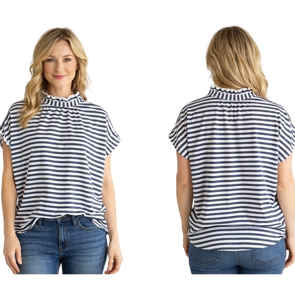 Atlantique Ascoli Striped Blouse Womens S Navy Blue White Ruffle Back Button Top